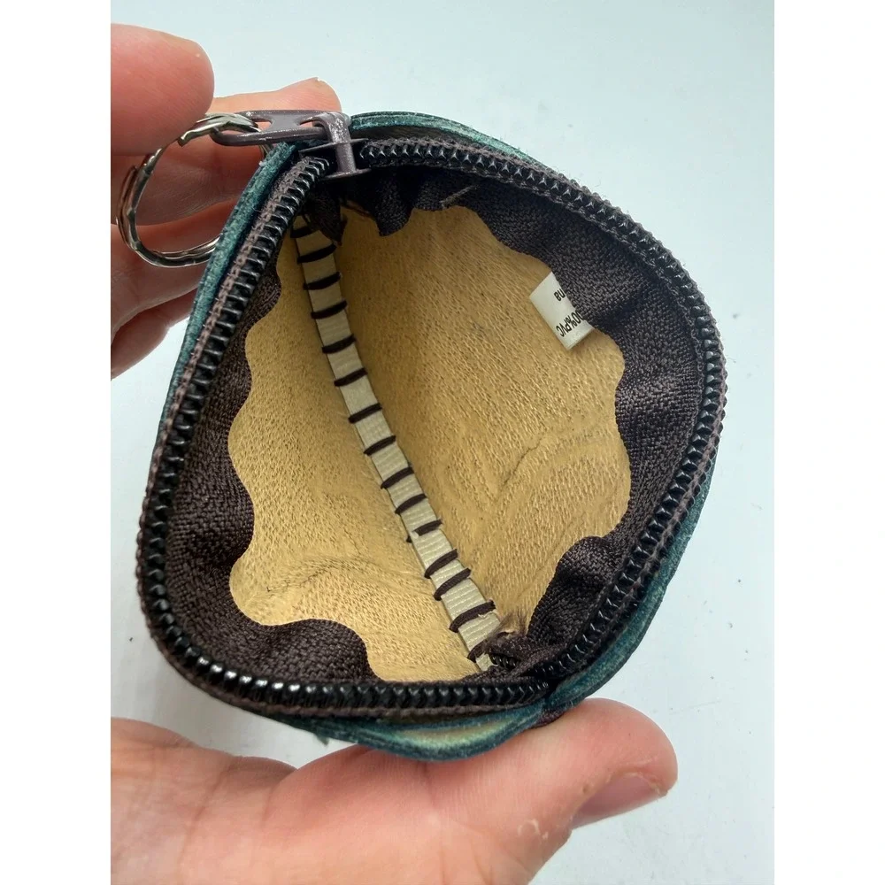Vintage Handcrafted Leather Tropical Fish Coin‎ Purse Keychain Teal Red Purple